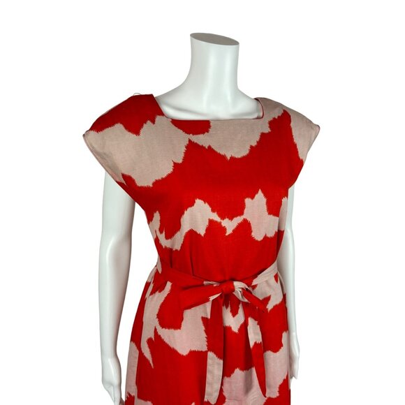 Vintage 80s Sheath Dress Women's Medium Red White Artistic Faux Linen - Picture 6 of 11